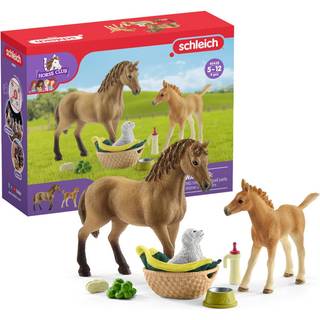 Schleich Horse Club - 9 PC Animal Care Figurine Playset med hästfigur Föl och hund med tillbehör - Fantastiska lekleksaker för flickor och pojkar