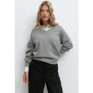 Gina Tricot-V-neck knitted sweater-Striktrøjer-Grå-S-Dame