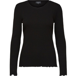 Selected ribbet t-shirt med lange ærmer i sort til kvinder