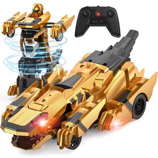 Dinosaur Transform Rc Cars 2.4Ghz Fjernbetjening Bil Transformering Robot med blinkende lys 360 Rotation One Button Deformation Billegetjsgaver