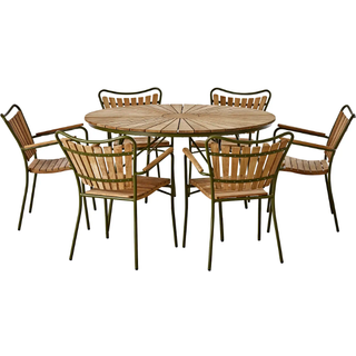 Kertemindebord Ø130 teak havemøbelsæt med 6 stole - teak/grøn