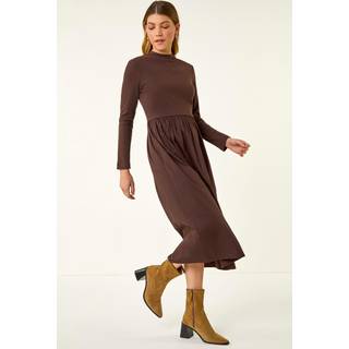 Roman Roman Brown Cotton Stretch Jersey Mix Midi Dress - 18