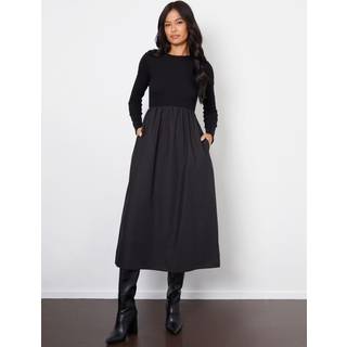Threadbare Threadbare Black Rib Jersey 2-In-1 Midi Dress with Poplin Skirt - 14