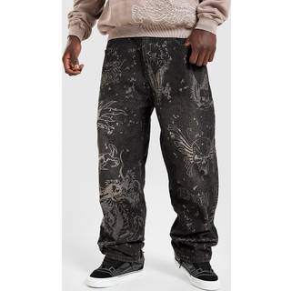 Ed Hardy Dragon All Over Print Jeans, Sort - XXL
