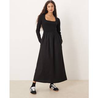 Threadbare Threadbare 2-i-1 Jersey Poplin Mix Kjole med Firkantet Hals og Langærmet - EU 38 (UK 10)