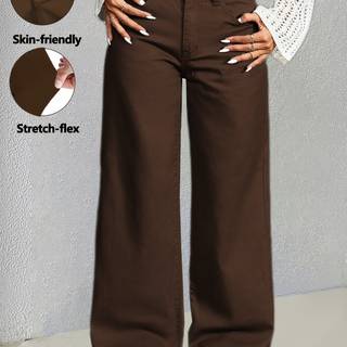 TEMU Women's Brown Button-front Multi-pocket Casual Loose Fit Wide-leg Jeans