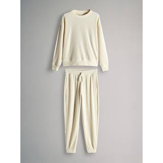 The Set The Set Cream 2 Pack Soft Rib Crew Neck Sweatshirt and Cuffed Joggers Lounge Set
