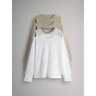 The Set The Set Khaki Green/Taupe Brown/Stripe/Cream 4 Pack Relaxed Long Sleeve T-Shirts