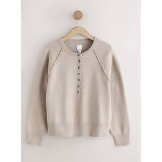 Next Neutral Beige Button Up Crew Neck Knitted Jumper
