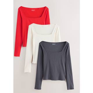 Next Grey/Ecru/Red 3 Pack Square Neck Ribbed Long Sleeve Top