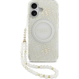 iPhone 17 Guess IML Flowers Allover Electro Cover med Perlestrop - MagSafe-kompatibel - Hvid