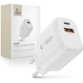 Tech-Protect Vægoplader m. 20W - 1 x USB-A (QC) & 1 x USB-C (PD) - Hvid