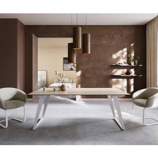 Esstisch Edge 200x100 Keramik Laminam® Travertino Bianco Creme-Weiß Metall Schräg Weiß - Laminam®Travertino Bianco Creme-Weiß