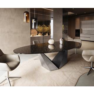 Esstisch Edge Oval 280x130 Reliefglas Rauchschwarz 3D-Design Prisma Metallic Silber - Schwarz 3D-Design