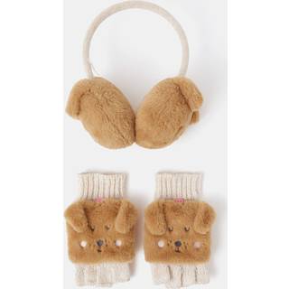 Accessorize Accessorize Girls Dog Faux Fur Earmuffs & Mittens Set