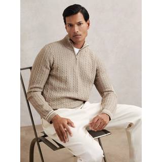 Reiss Reiss Oatmeal Brown Tuscano Half-Zip Cable Knit Jumper With Wool