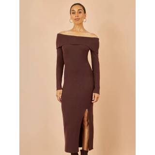 Yumi Yumi Brown Bardot Knitted Fitted Midi Dress - Medium
