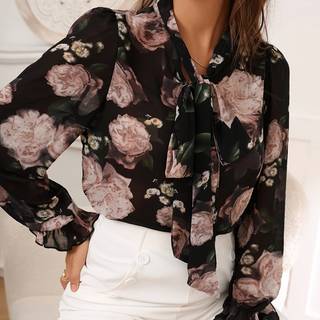 TEMU Floral Print Tie Neck Blouse, Elegant Sheer Long Sleeve Blouse For Spring & Fall, Women's Clothing