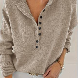 TEMU Women's Elegant Beige Cardigan With Black Buttons - Long Sleeve, Crew Neck, Button-up Front, Casual Fall & Winter Wear, Soft & Cozy Fabric, Layering, Sweater Cardigan