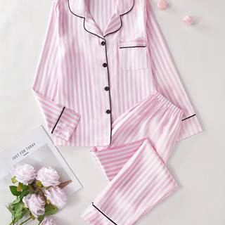 TEMU Elegant Satin Pajama Set For Women, Long Sleeve Button-up Top And Pants, Polyester And Elastane Blend, Woven Basics Style With Lapel Collar, Striped Print, For Sleepwear