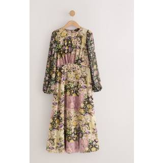 Next Black & Pink Floral Patchwork Print Long Sleeve Midi Dress - 48