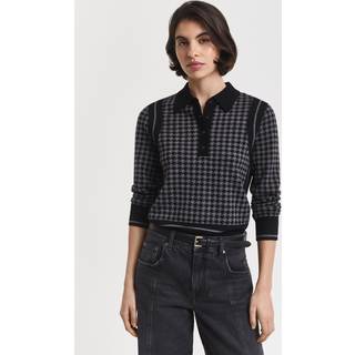 GANT Dame Polo sweater i houndstooth jacquard (XS) Sort Grå