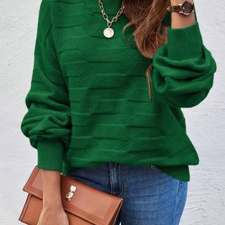 TEMU Women's High Elasticity Casual Round Neck Long Sleeve Pullover Sweater - Solid Color Machine Washable Fall Top