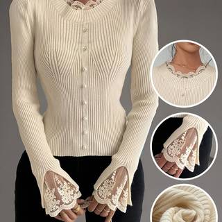 TEMU Women's Elegant Pearl-embellished Slim Fit Sweater - Round Neck Long Sleeve Pullover, Machine Washable Winter Top For Fall & Winter, Versatile Casual To Formal Wear, Cute Sweater