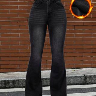 TEMU 1pc Elegant High Stretch Denim Flare Jeans For Women - Solid Color Long Pants With Button Detail, Woven Fabric, Winter Style