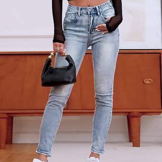 TEMU Women' Blue Distressed Skinny Jeans - Low-rise, Mid-stretch, Button Closure, Cuffed Ankle, For Casual Attire, Jeans | Distressed Skinny Jeans | Medium Stretch Fabric