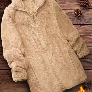TEMU Zip Up Solid Teddy Coat, Casual Long Sleeve Winter Outerwear, Women's Clothing