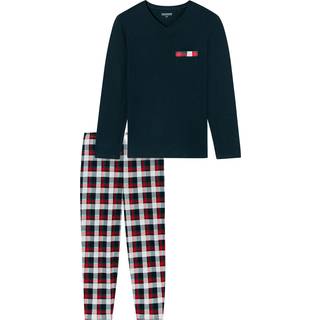 Schiesser Herren Pyjama blau Jersey-Baumwolle Kariert