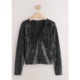 Next Black V-Neck Sequin Long Sleeve Top