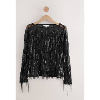 Next Black Sequin Tassle Long Sleeve Slash Neck Top
