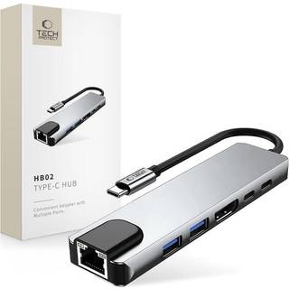 Tech-Protect HB02 6-i-1 USB-C-hubadapter med USB 2.0, USB 3.0, HDMI 4K 30Hz, RJ45 Ethernet og USB-C 100W PD - Rum grå