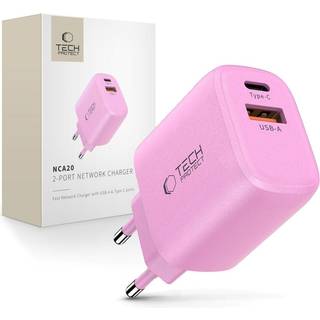 Tech-Protect Vægoplader m. 20W - 1 x USB-A (QC) & 1 x USB-C (PD) - Lyserød