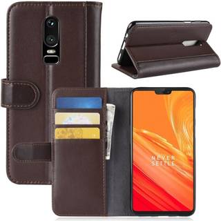 OnePlus 6 beskyttelsesetui i unikt lædermateriale med stativ og kortlommer - Brun