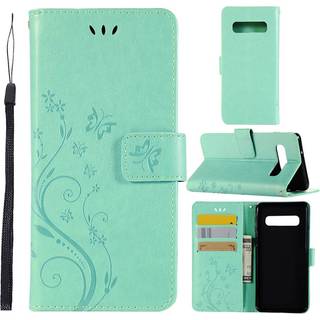 Samsung Galaxy S10 sommerfugle- og blomstertryk læder flip etui - Cyan