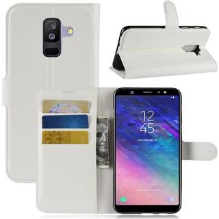 Samsung Galaxy A6 Plus mobiletui i kunstlæder med Litchi overflade. Indbygget pung og stander - Hvid