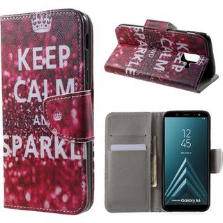 Samsung Galaxy A6 mobiletui i lædermateriale med printet møsnter samt magnetlukning og kortlommer - "Keep Calm and Sparkle"
