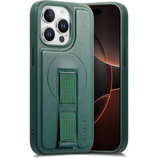 iPhone 14 Pro - Hårdt Plastik Cover m. Kunstlæder Bagside & Fingerrem - MagSafe Kompatibel - Grøn