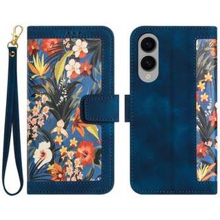 Samsung Galaxy S25 Edge Blomstret pung etui med plads til kort - mørkeblå