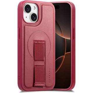 iPhone 14 / 13 - Hårdt Plastik Cover m. Kunstlæder Bagside & Fingerrem - MagSafe Kompatibel - Rød