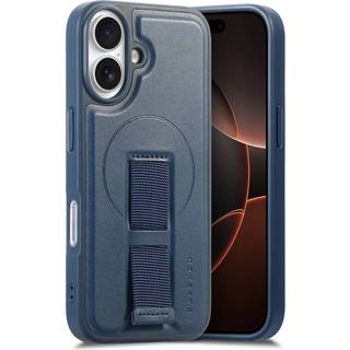 iPhone 16 - Hårdt Plastik Cover m. Kunstlæder Bagside & Fingerrem - MagSafe Kompatibel - Blå