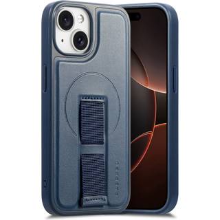 iPhone 14 / 13 - Hårdt Plastik Cover m. Kunstlæder Bagside & Fingerrem - MagSafe Kompatibel - Blå