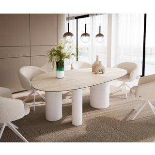 Esstisch Edge Oval 220x120 Keramik Laminam® Travertino Bianco Creme-Weiß Troa Metall Weiß - Laminam®Travertino Bianco Creme-Weiß