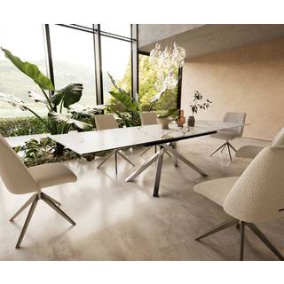 Esstisch Edge 200-300x100 Keramik Calacatta Luxe Weiß-Gold-Grau Kreuzgestell Rechteck Edelstahl ausziehbar
