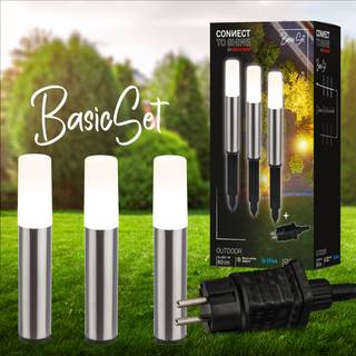 Briloner LED-lampe med jordspyd 3925032 12V 3x-startersæt stål Ø 4 cm, Aluminium/grå/zink, Rustfrit stål, Moderne