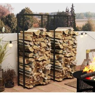 Outsunny Firewood Log Rack Set of 2, Retractable Metal Wood Store Holder, Indoor Outdoor Fireplace Log Storage Shelf with Hooks, 65 x 25 x 150 cm, Black