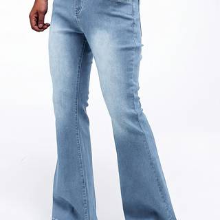 TEMU Men's Stretch Bell-bottom Jeans - Washed Blue Denim Wide-leg Trousers, -sweeping Ultra- Length, All- (machine Washable) For Casual & Formal Wear - Style Pants